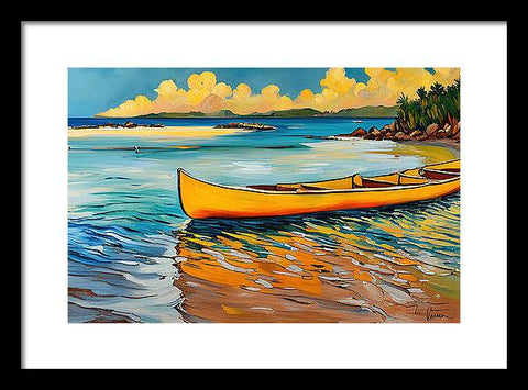 Canoe Reflecting in Water Beautiful Hawaii Beach Painting - Framed Print