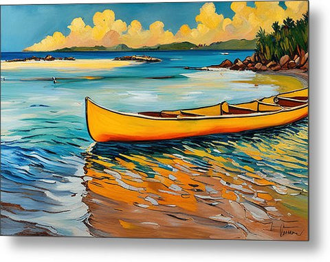 Canoe Reflecting in Water Beautiful Hawaii Beach Painting - Metal Print