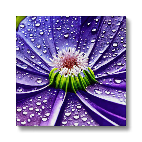 A flower sitting on top of a wall with water droplets and a purple umbrella.