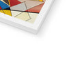 Art print on a tile wall with various geometric and colorful shapes.