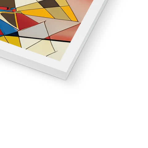 Art print on a tile wall with various geometric and colorful shapes.