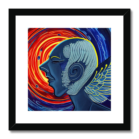 An art print of two women with wings on each end of a blue feather.