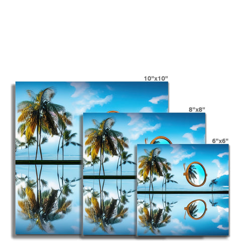 A table with picture frames and colorful tablecloth next to tropical palm trees looking down at