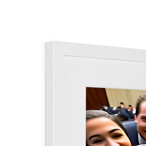 A picture frame with a photo of a group of people together with a cell phone to