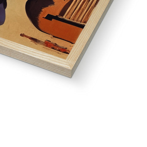 Art image of a guitar on a wooden board with a book cover.