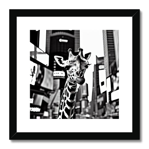 This giraffe is a black and white photograph shown on a wall next to an eas