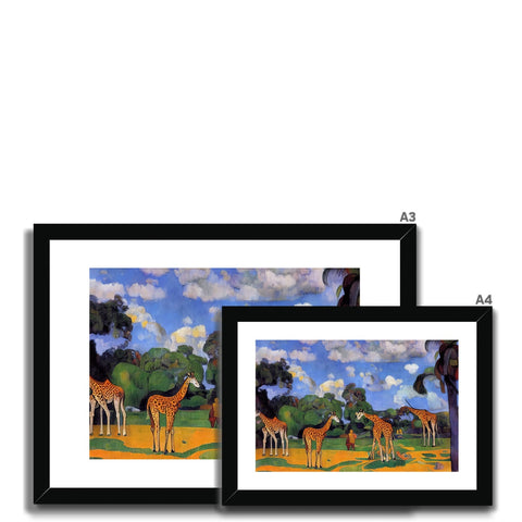A picture frame displaying three giraffe that are in their pen sitting on a tree.