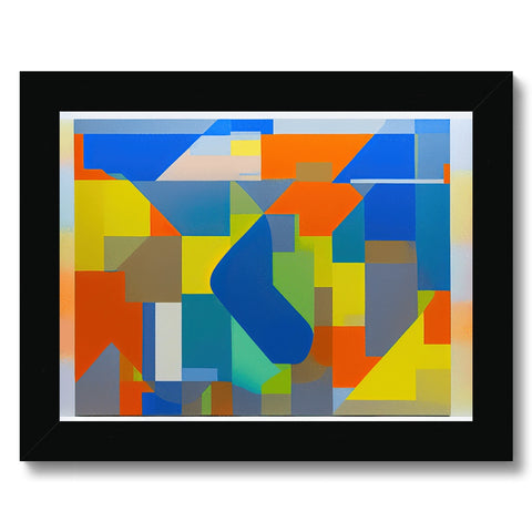 A blue and gold art print with other colors and bright shapes