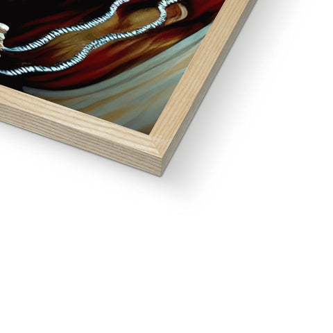 A picture of a wood frame with an art print in a red background in it