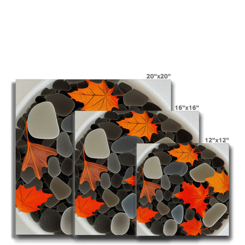 A white fireplace floor filled with fall foliage sits in front of a picture of leaves.