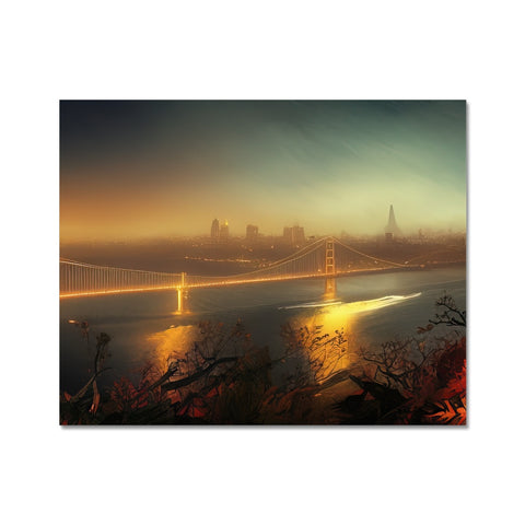 A large canvas print of San Francisco with an image of two people standing outside.