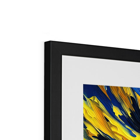 A framed print of an abstract painting sitting on top of a piece of glass.