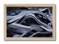 A print of an abstract painting in a wooden frame on a wall in a photo frame