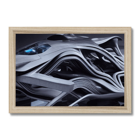 A print of an abstract painting in a wooden frame on a wall in a photo frame