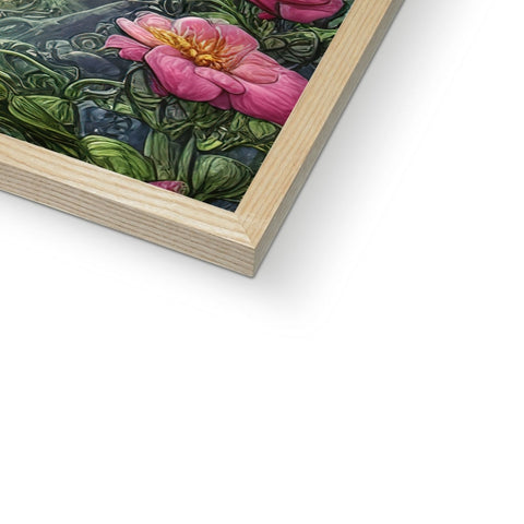 An art print made up on a book cover is in a wooden frame.