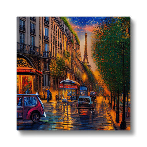 An art print, painted in the street on top of Paris' tower, over a