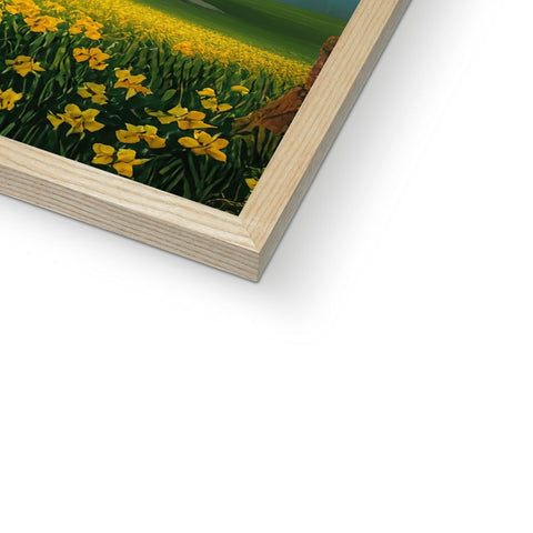 A small green and yellow daffodils are on a framed wood painting on someone