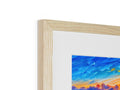 A wooden picture panoramic view of a sunset view of the ocean.