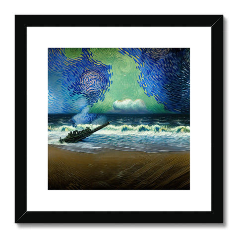 Art print standing on top of a large wave on an ocean lake