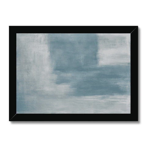 An abstract painting of a view of blue lake under a cloud covered sky.
