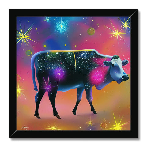 A large and colorful cow that is standing on a white field in a picture of an