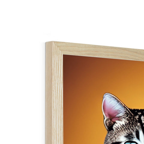 An animated photo of a cat sitting on top of a wooden frame with a picture.