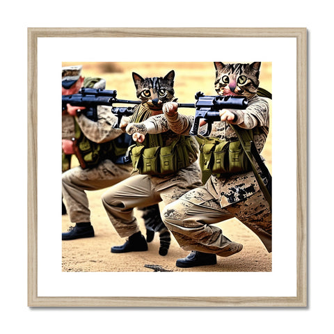 A pair of kittens on a paper framed photo of a cat standing by two rifles on
