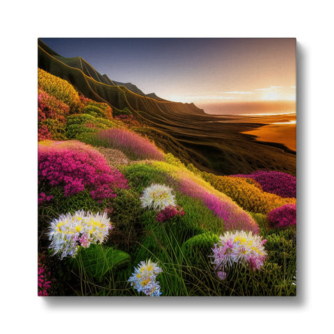 Art prints of colorful flowers in a field with grasses and mountains surrounding the image.