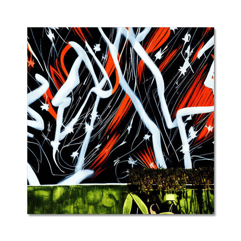An art print of graffiti spray on a canvas with a watercolor border behind it.