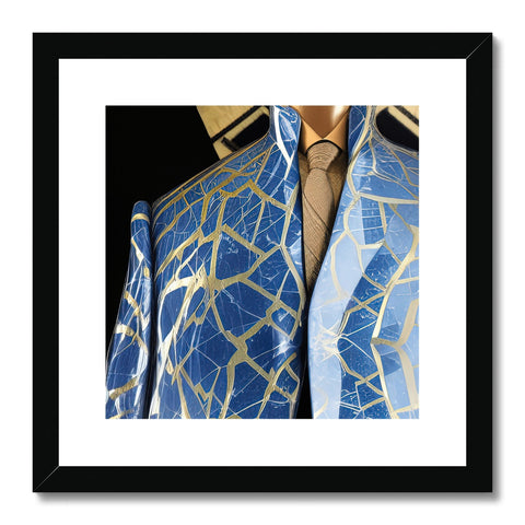 A blue suit jacket with a jacket collar and a shirt on it with art prints on