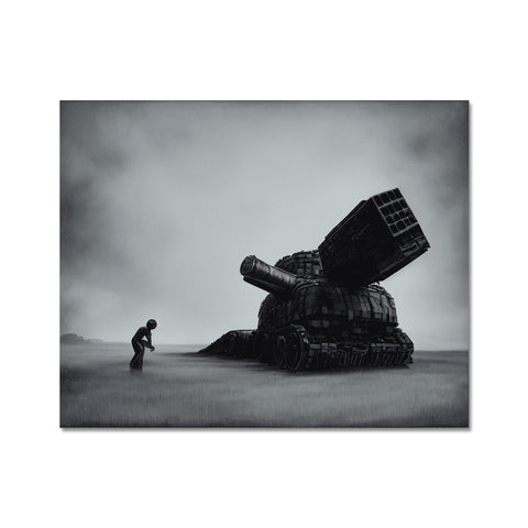 Art photo of a soldier standing in front of a cannon.
