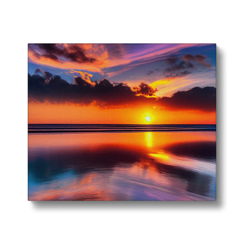 A large photo of a sunset is displayed on a frame or in a colorful paper card