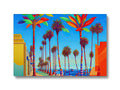 Art print next to a large pink palm tree next to trees.