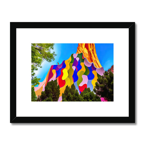 Art print hanging on a tree with colorful umbrella under it.