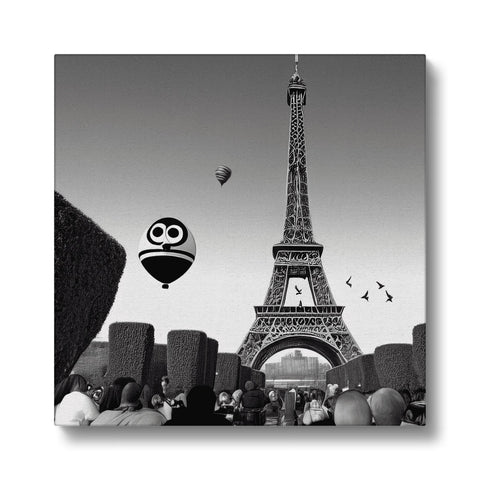 A poster with a kiss emoji of a balloon waving from the sky above Paris.