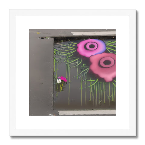 a large, framed picture of a flower hanging from a wall near graffiti spray