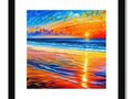 An art print of a beautiful sunset with flowers and sunlight on the beach.