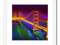 A golden gate next to a metal bridge in San Francisco with art print on one of