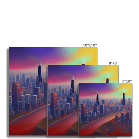 A trio of large art prints that all have a city skyline view.
