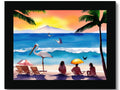 A beach with colorful art print on a white wall.