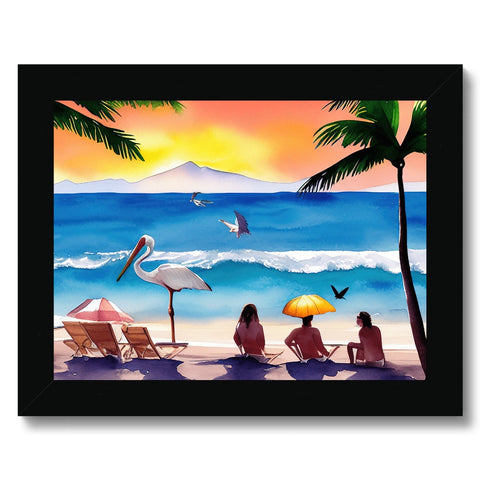 A beach with colorful art print on a white wall.