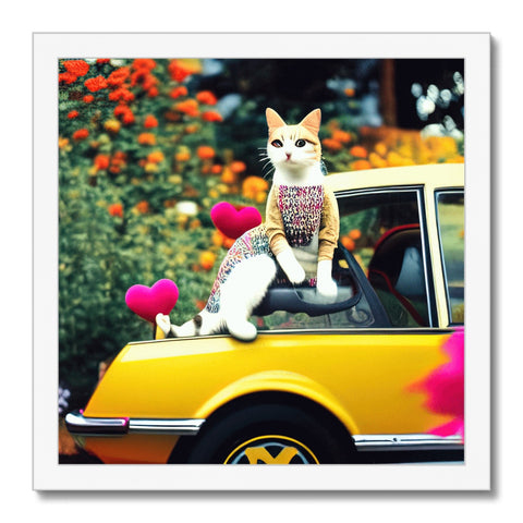 A framed photograph of a cat seated on top of some yellow and black cars.