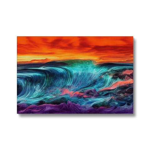 A wave crashing into the ocean with a painting of a sunset on the far shore.