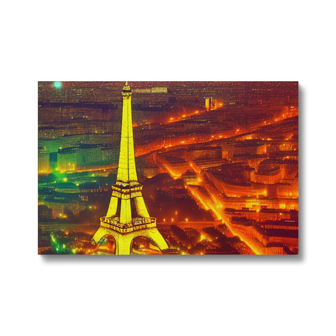 A small colorful print of an old brick statue of the Eiffel Tower outside a