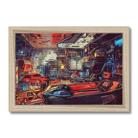 An artwork framed in wood hangs in an industrial setting.