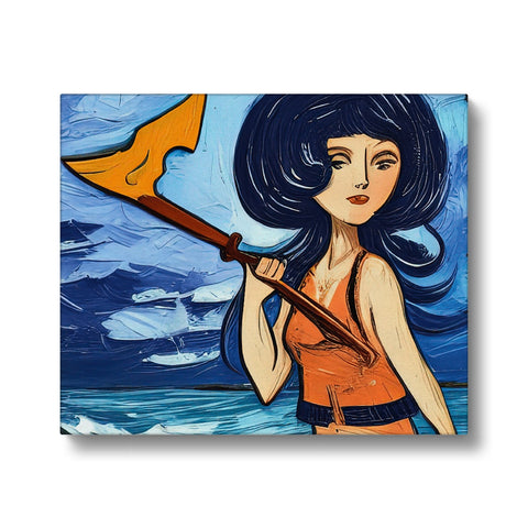 A woman riding a wave in a stormy cove with a stick.
