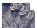 An art print of a lion that is on the side of some tables.