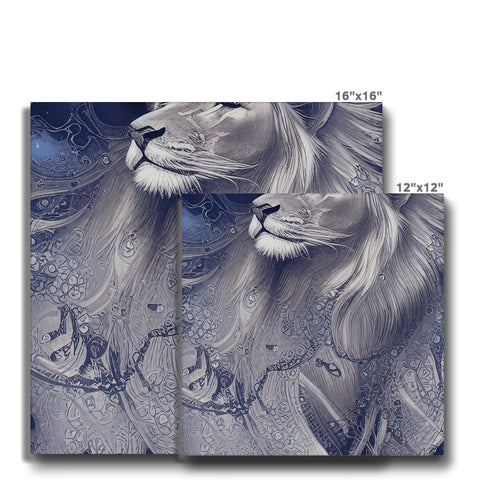 An art print of a lion that is on the side of some tables.