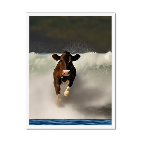 Art print of a cow with hair on legs up top of a brown background