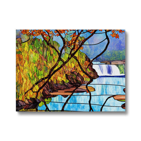 A wide body of water flowing through a waterfall is behind art prints.
